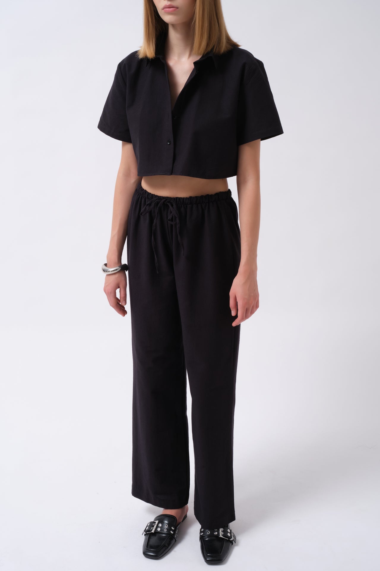Tie Waist Striped Black Pants