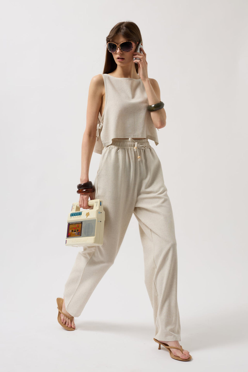 Tie Waist Straight Cut Stone Pants