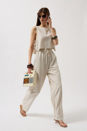 Tied Waist Straight Cut Stone Trousers