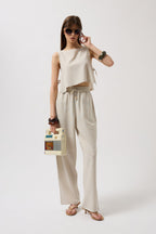 Tie Waist Straight Cut Stone Pants