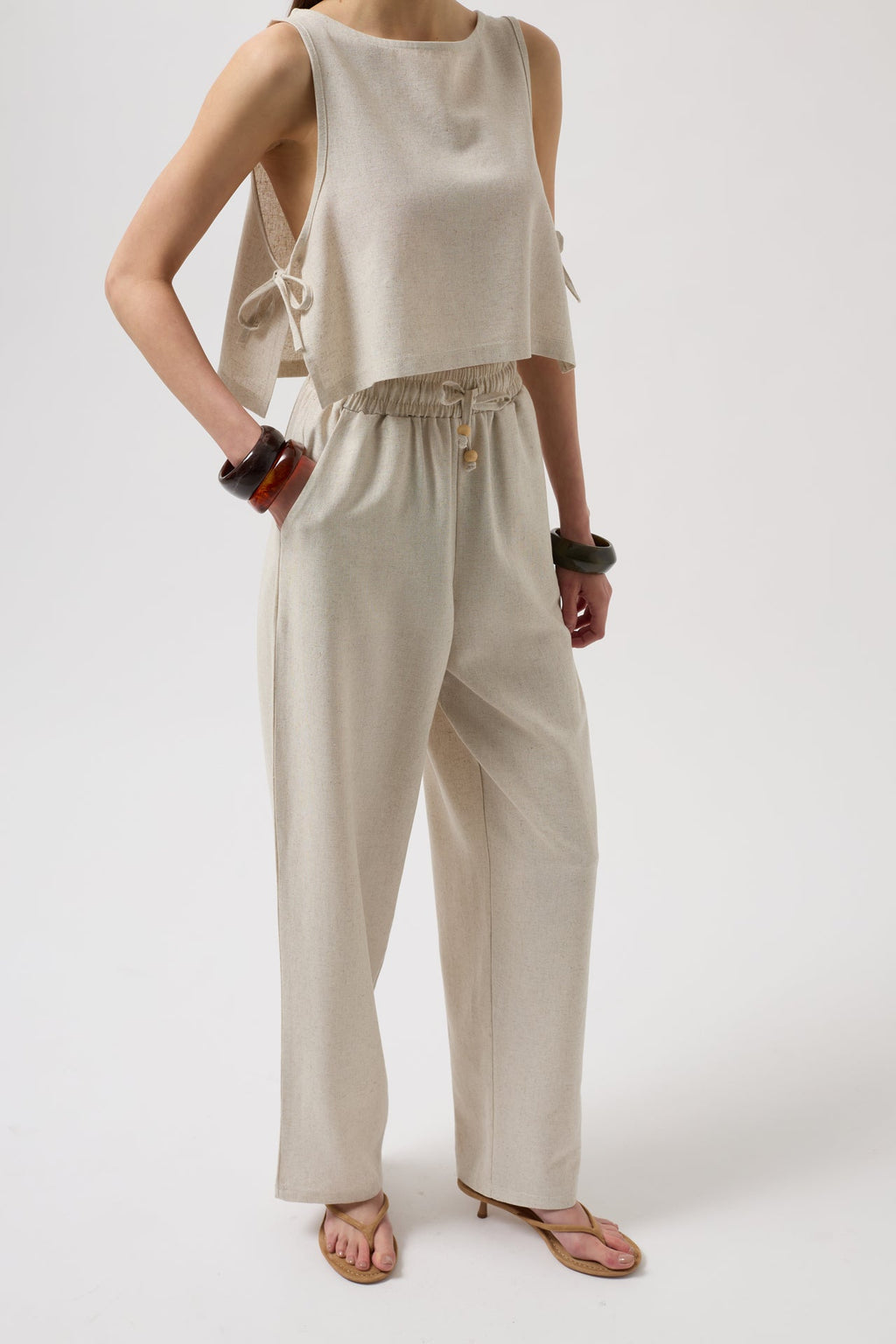Tie Waist Straight Cut Stone Pants