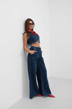 Belted Waist Laser Detail Wide Leg Blue Jeans