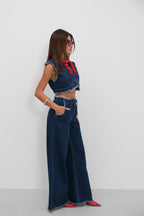 Belted Waist Laser Detail Wide Leg Blue Jeans