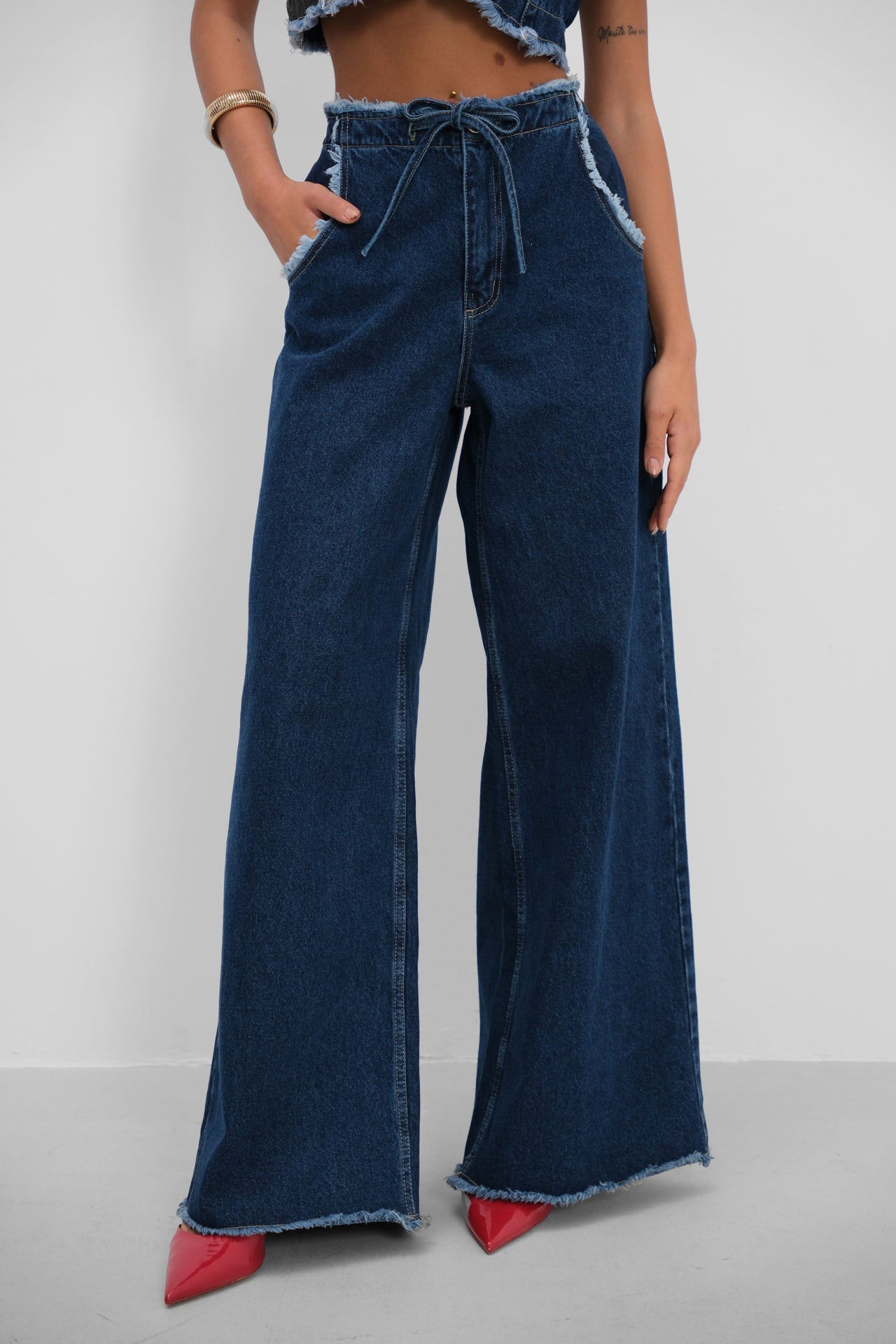 Belted Waist Laser Detail Wide Leg Blue Jeans