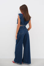 Belted Waist Laser Detail Wide Leg Blue Jeans