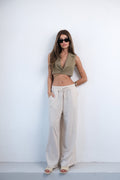 Accessory Detail Linen Beige Pants