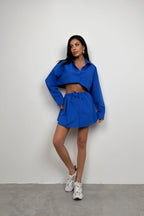 Elastic Waist Buttoned Saxe Blue Mini Skirt