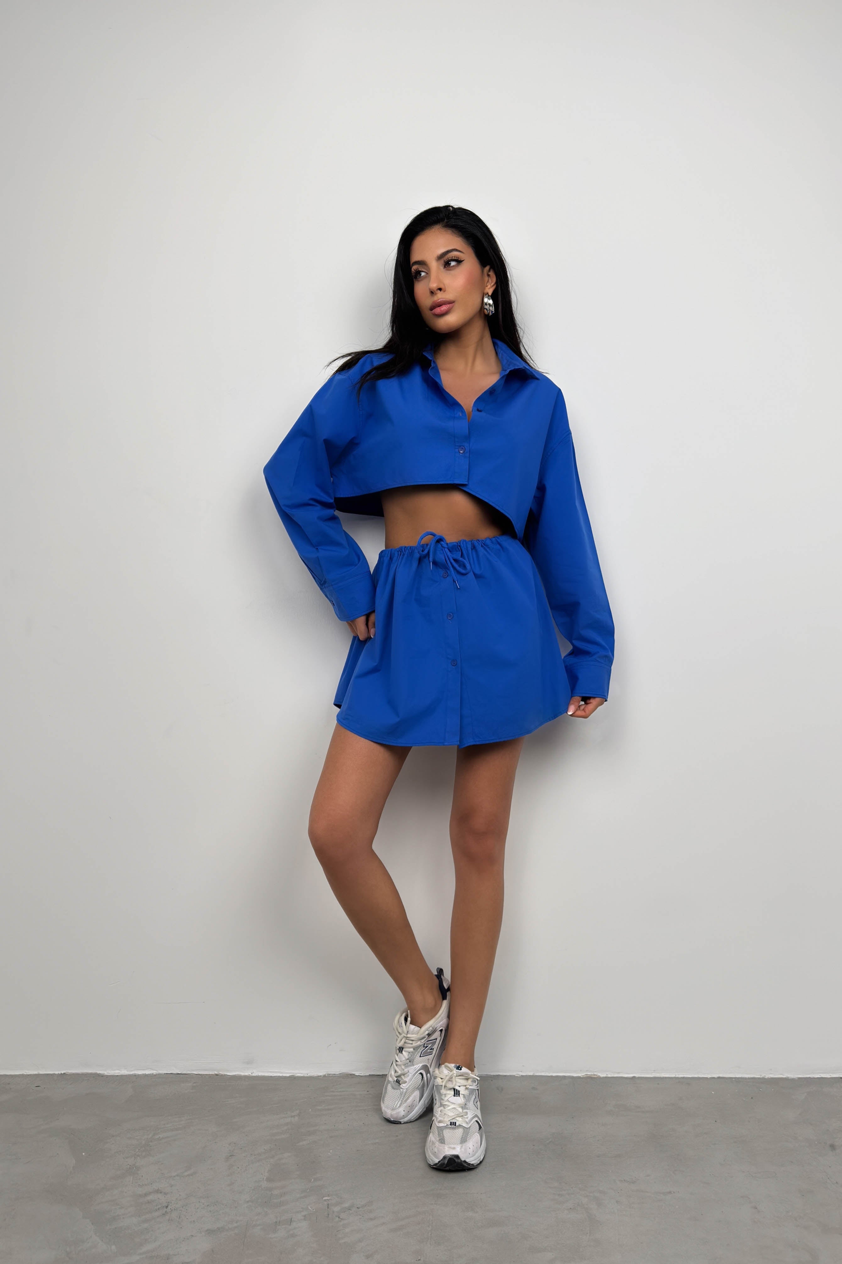 Elastic Waist Buttoned Saxe Blue Mini Skirt