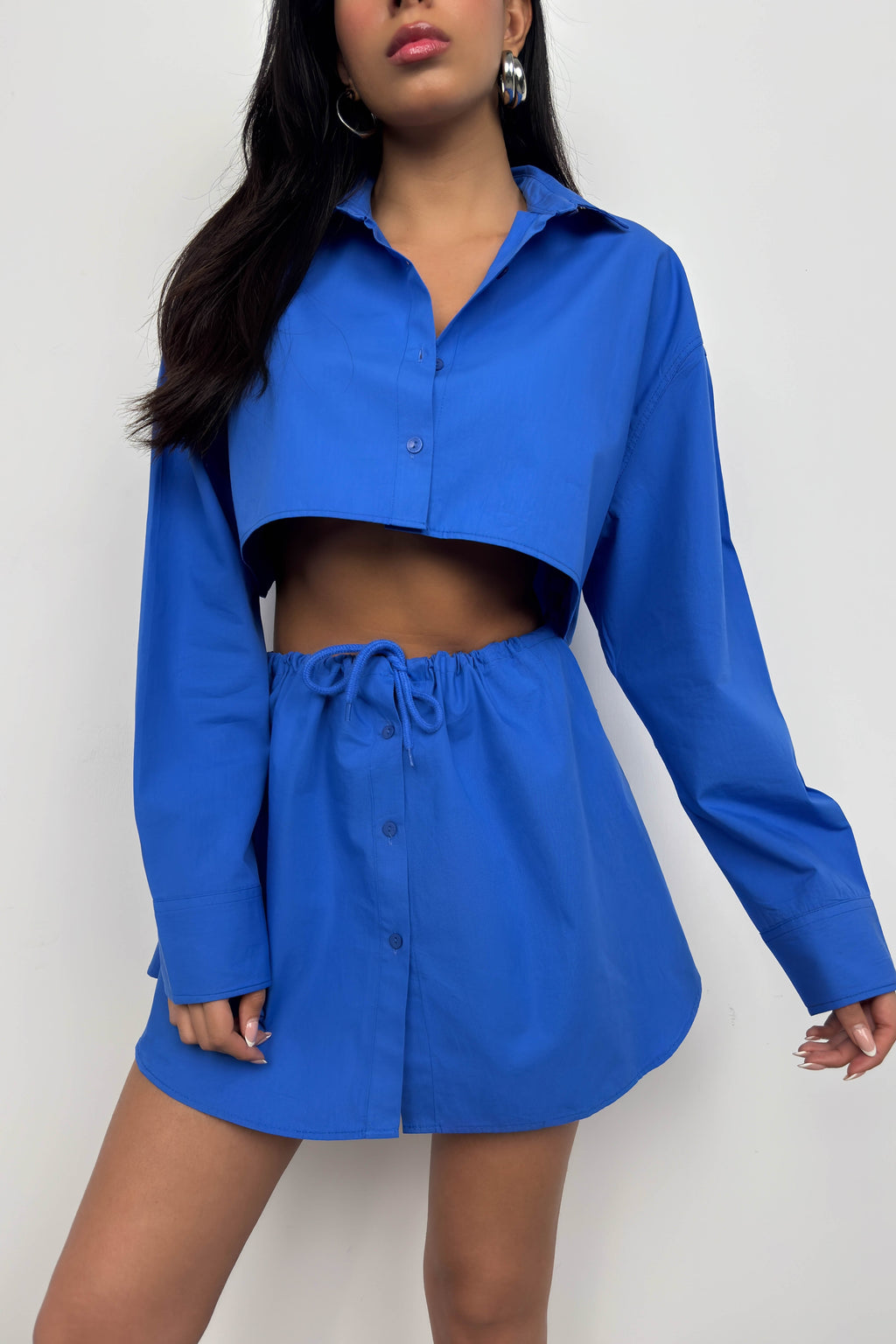 Elastic Waist Buttoned Saxe Blue Mini Skirt