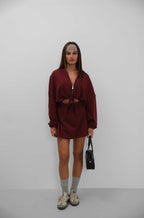 Elastic Waist Zippered Burgundy Sweatshirt