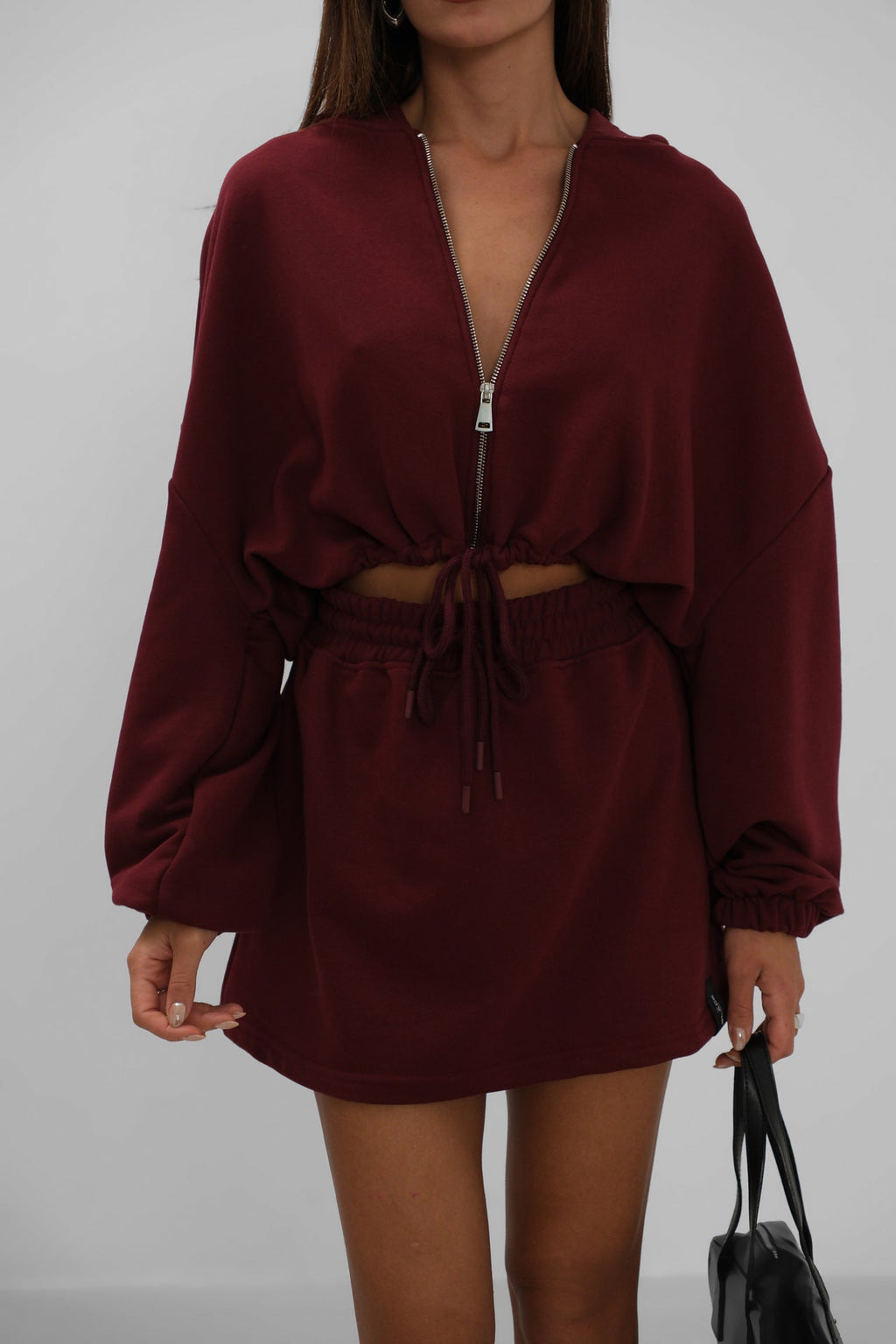 Elastic Waist Zippered Burgundy Sweatshirt