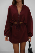 Elastic Waist Zippered Burgundy Sweatshirt