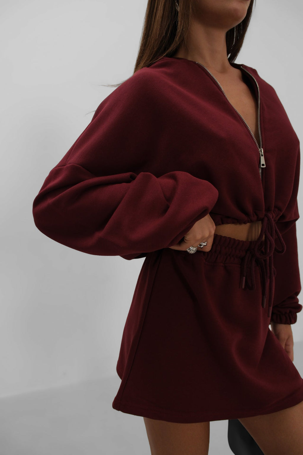 Elastic Waist Zippered Burgundy Sweatshirt