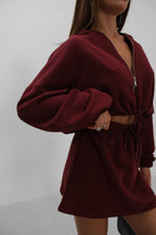 Elastic Waist Zippered Burgundy Sweatshirt