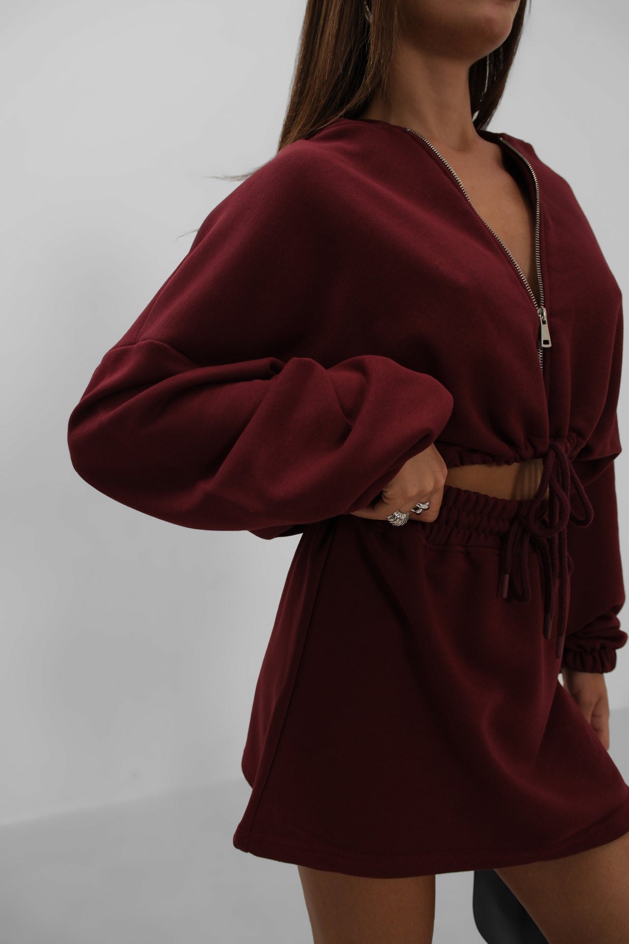 Elastic Waist Zippered Burgundy Sweatshirt