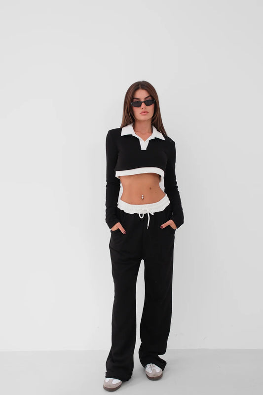 Elastic Waist Garnished Black Tracksuit