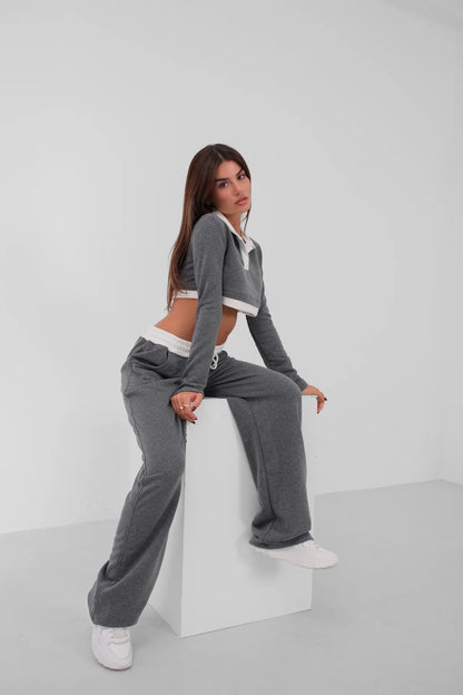 Elastic Waist Garnished Gray Tracksuit