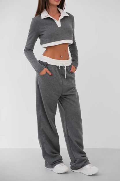 Elastic Waist Garnished Gray Tracksuit