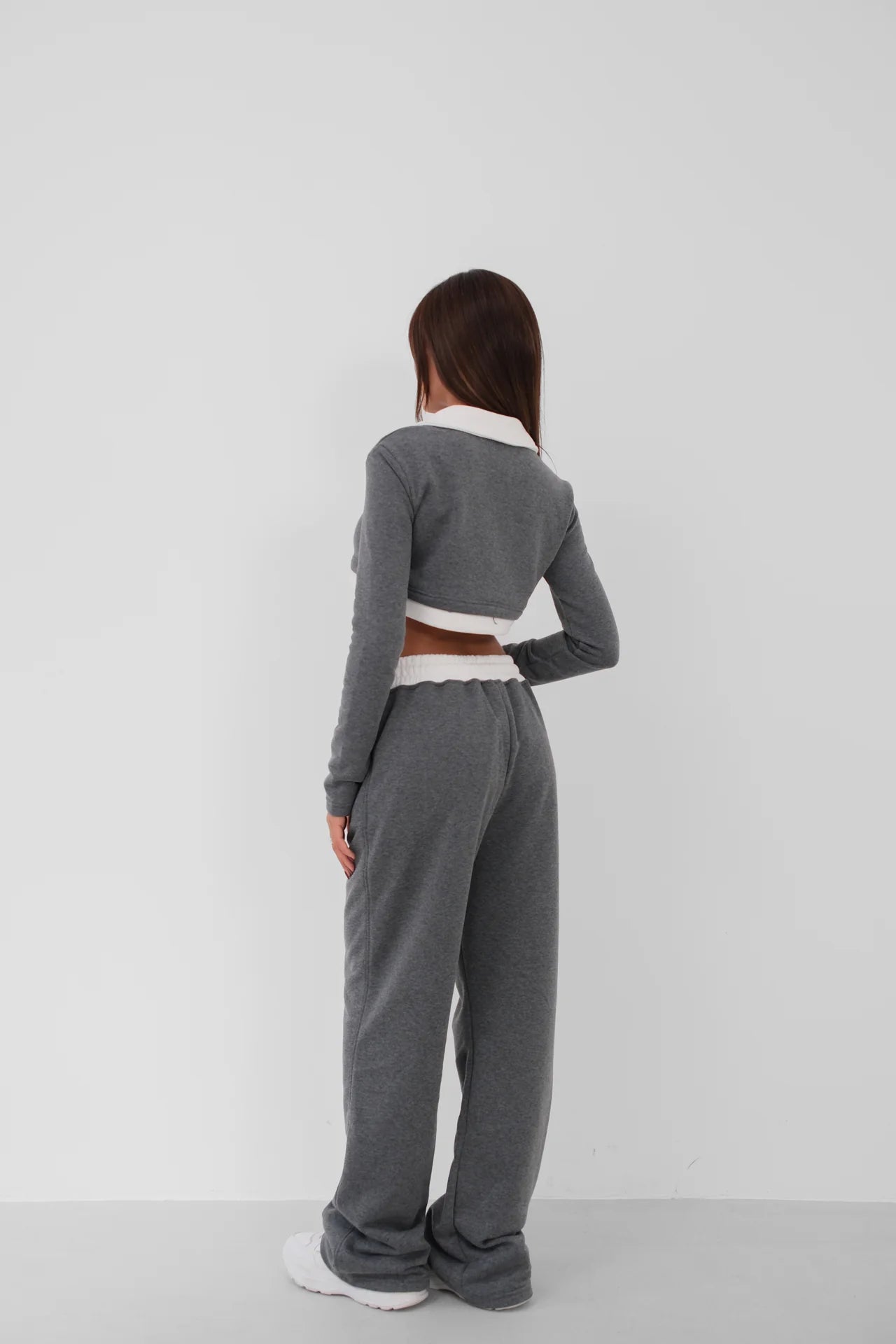 Elastic Waist Garnished Gray Tracksuit