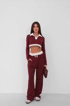 Elastic Waist Contrast Detail Burgundy Sweatpants