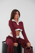 Elastic Waist Contrast Detail Burgundy Sweatpants