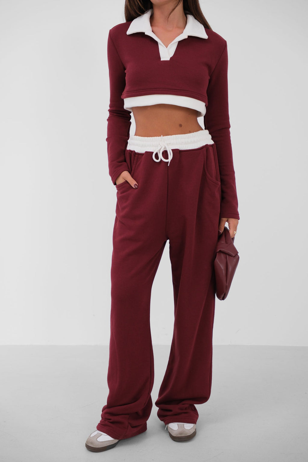 Elastic Waist Contrast Detail Burgundy Sweatpants