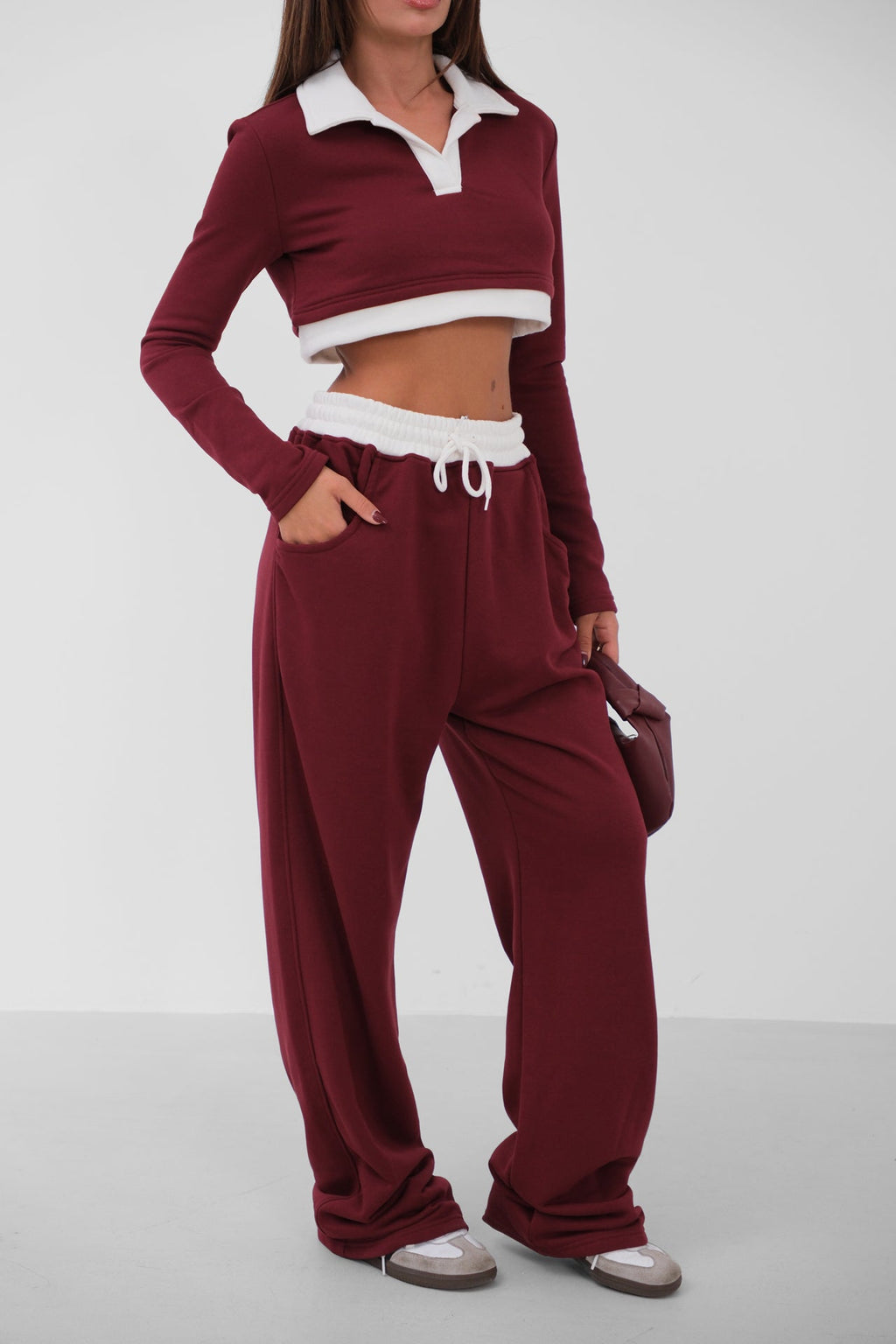 Elastic Waist Contrast Detail Burgundy Sweatpants