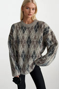 Crew Neck Argyle Pattern Stone Knit Sweater