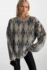 Crew Neck Argyle Pattern Embellished Knit Sweater