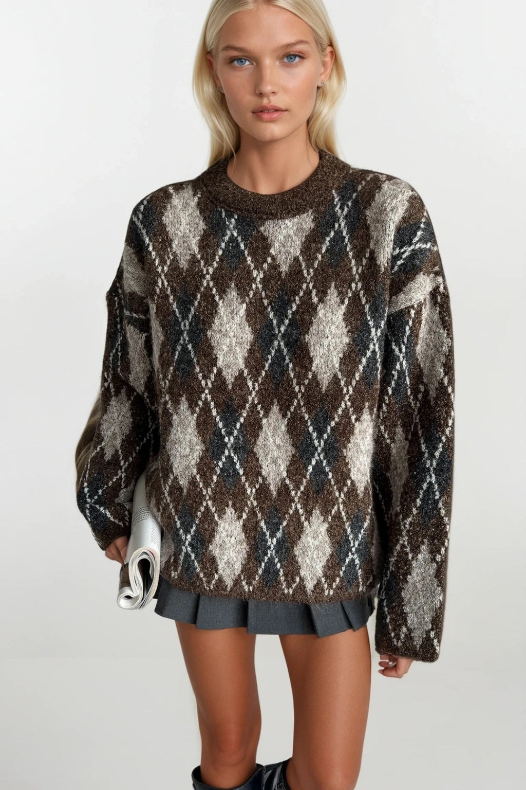Crew Neck Diamond Pattern Brown Knit Sweater