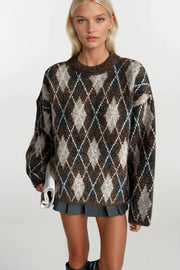 Crew Neck Argyle Brown Knit Sweater