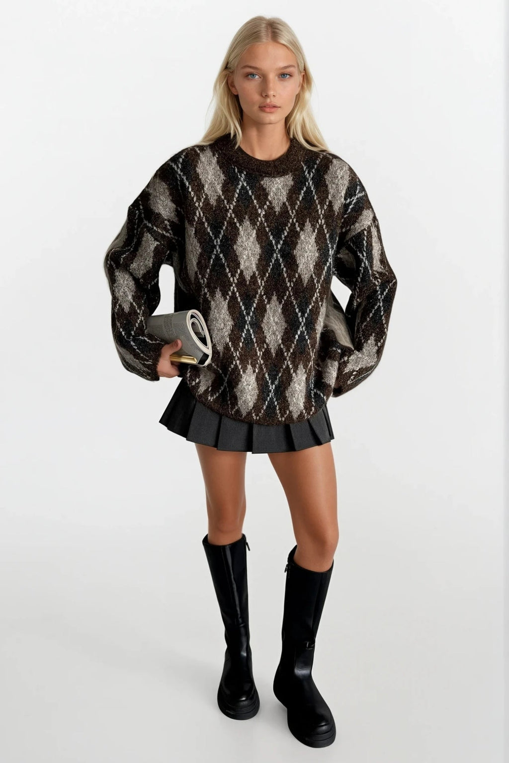 Crew Neck Diamond Pattern Brown Knit Sweater