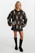 Crew Neck Diamond Pattern Brown Knit Sweater