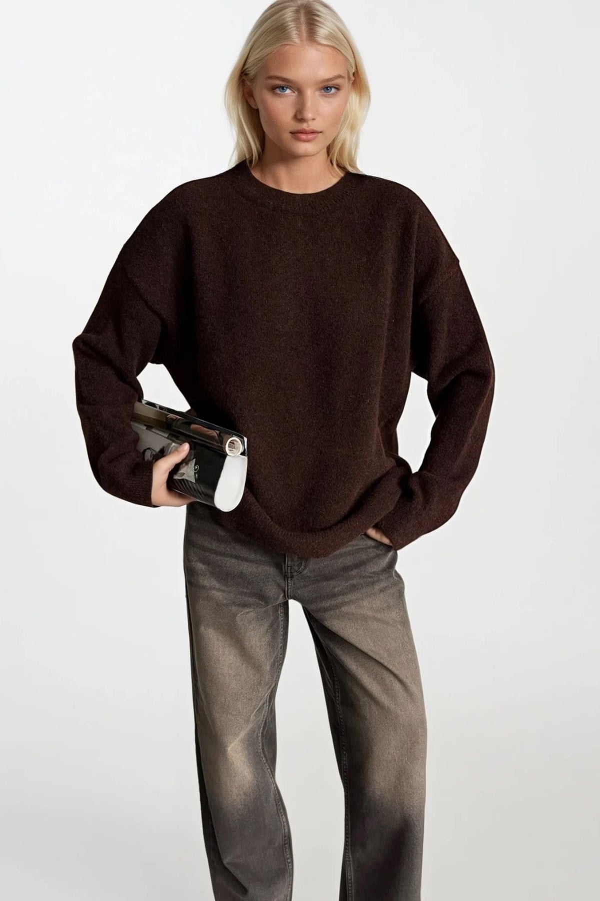 Crew Neck Textured Basic Brown Kazak