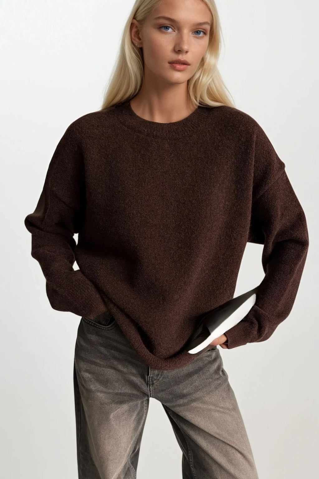Crew Neck Textured Basic Brown Kazak