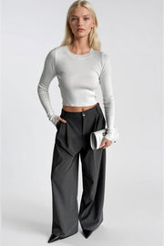 Crew Neck Basic White Knit Blouse