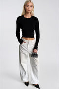 Crew Neck Basic Black Knit Blouse