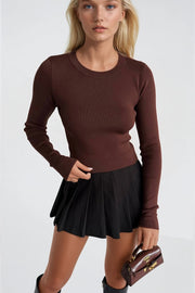 Crew Neck Basic Brown Knit Blouse