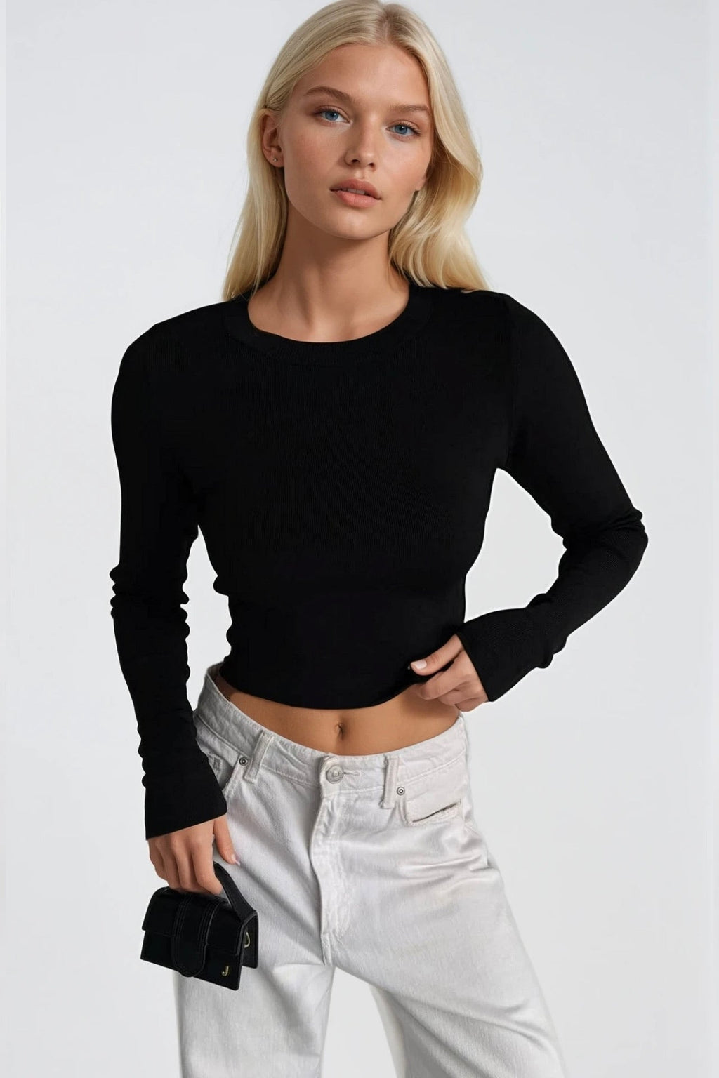 Crew Neck Basic Black Knit Blouse