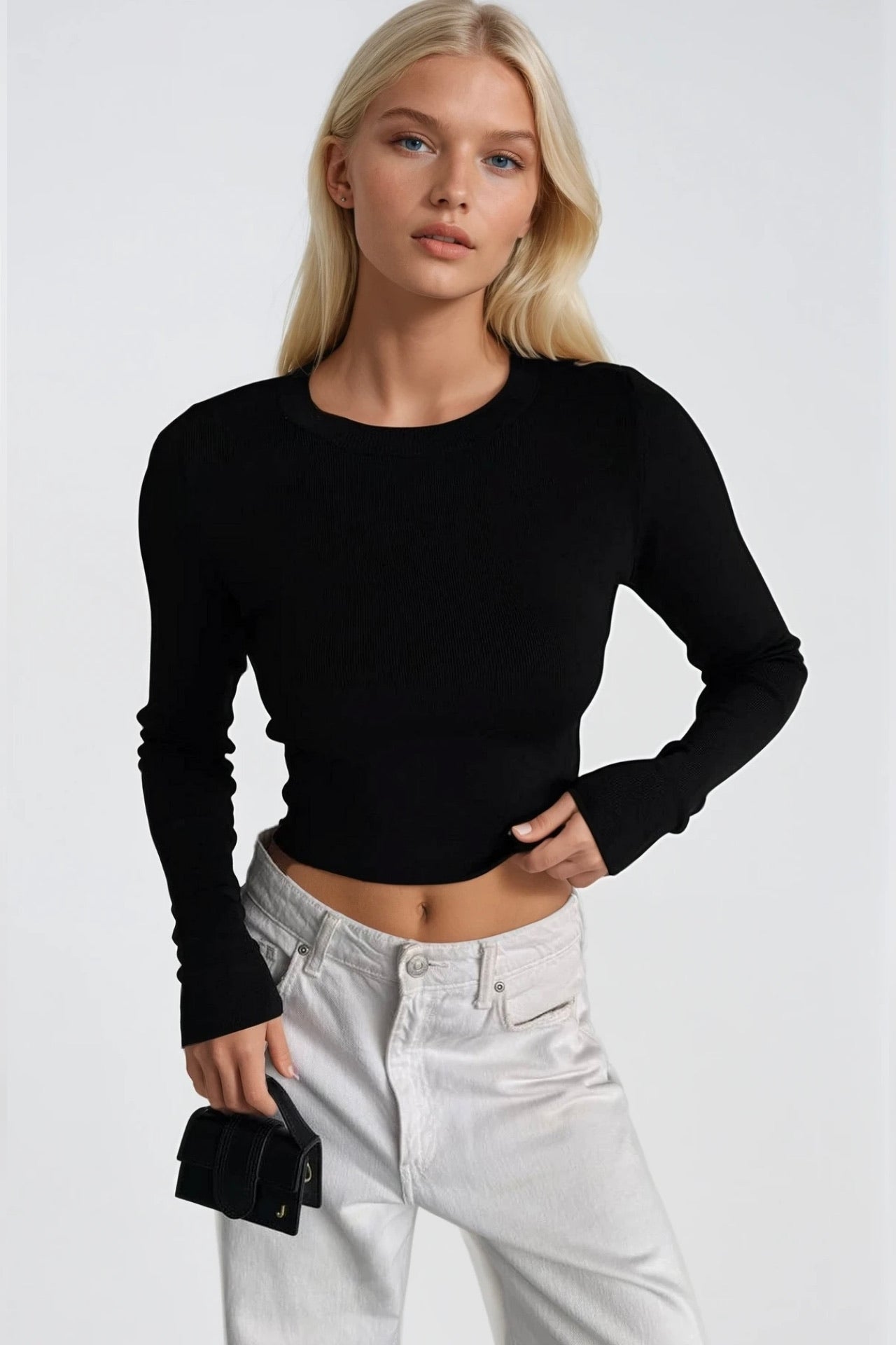 Crew Neck Basic Black Knit Blouse