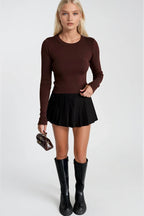 Crew Neck Basic Brown Knit Blouse