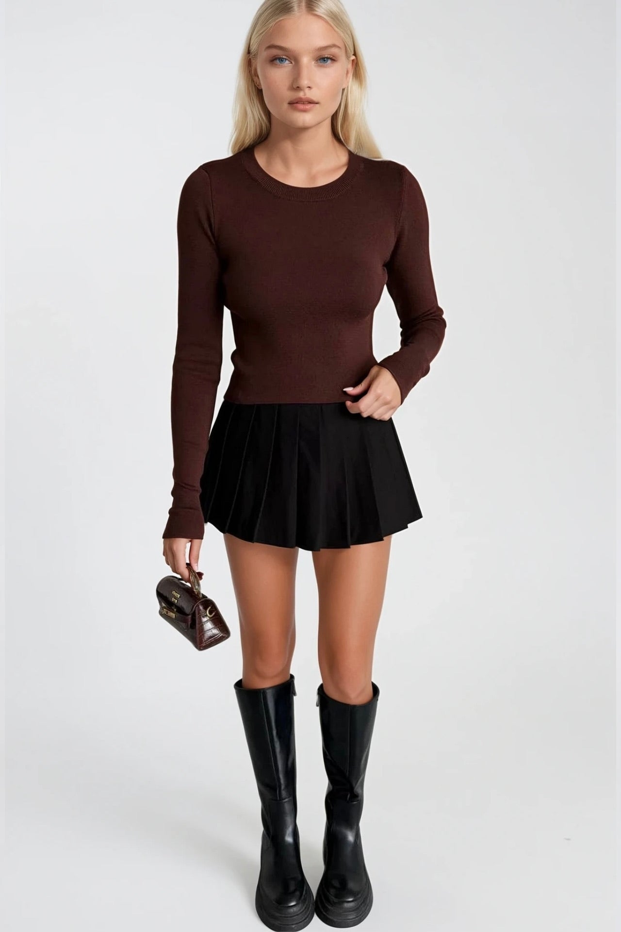 Crew Neck Basic Brown Knit Blouse