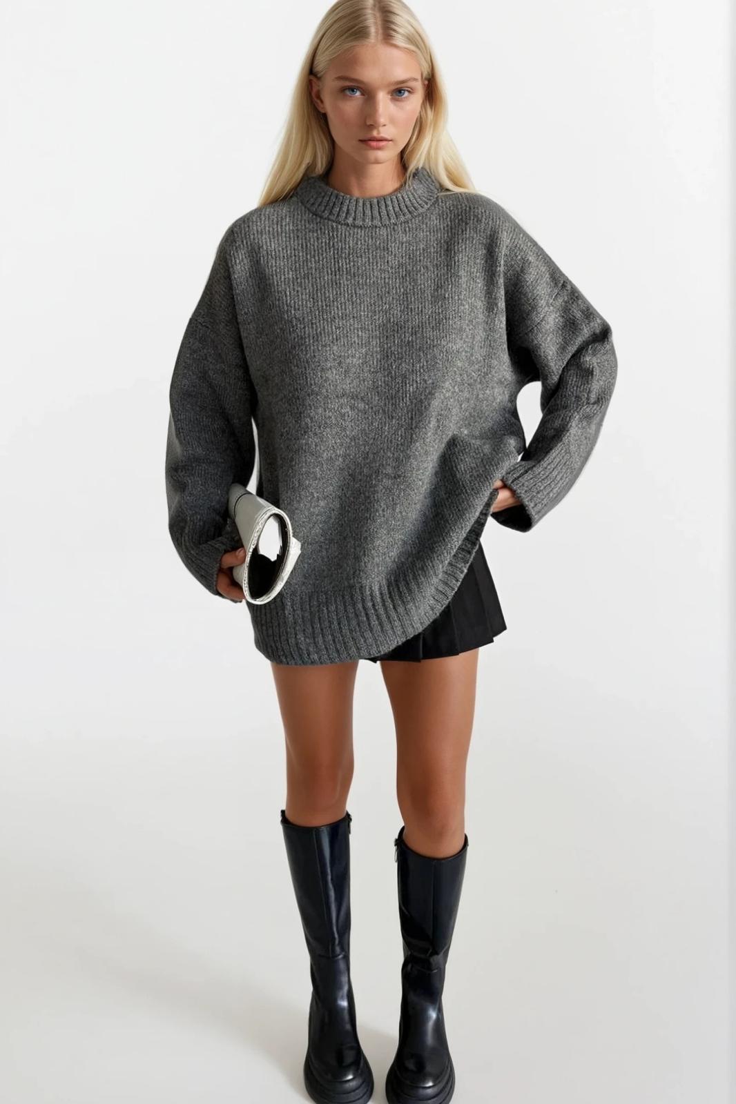 Crew Neck Basic Knit Gray Sweatshirts