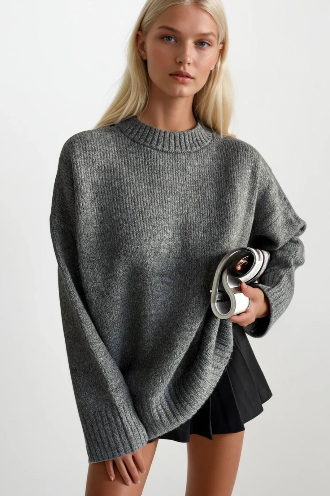 Crew Neck Basic Knit Gray Sweatshirts