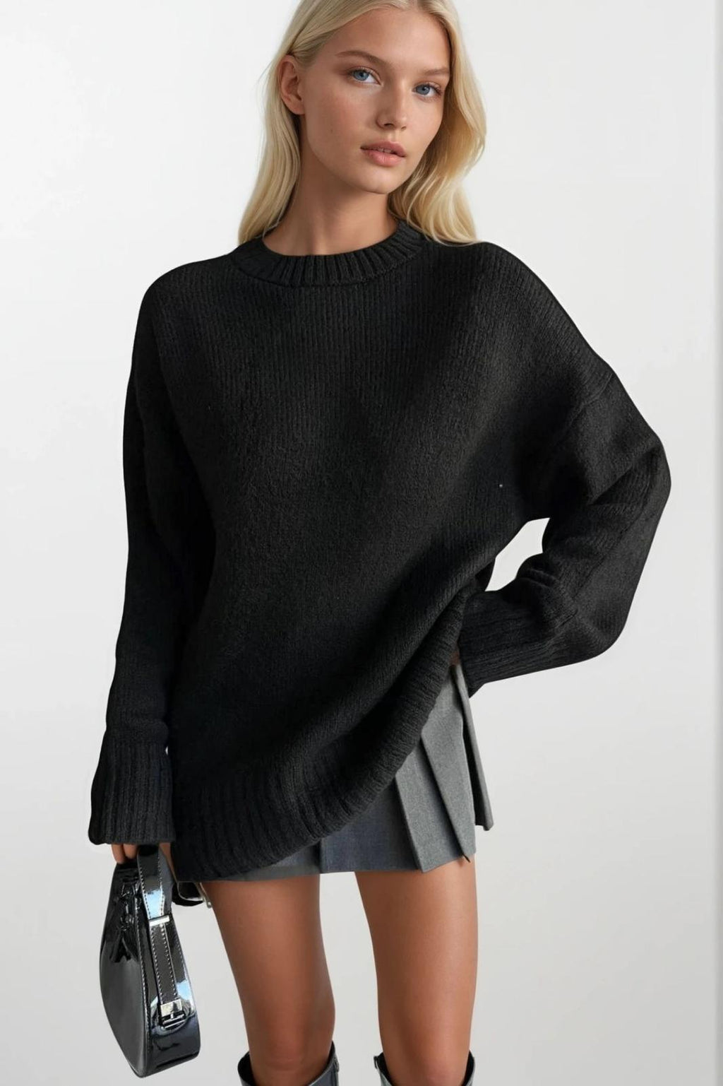 Crew Neck Basic Knit Black Sweatshirts