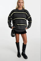 Crew Neck Striped Anthracite Knit Sweater