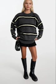 Anthracite Striped Crew Neck Knit Sweater