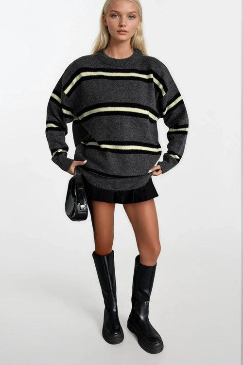 Anthracite Striped Crew Neck Knit Sweater