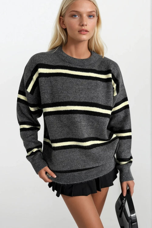 Anthracite Striped Crew Neck Knit Sweater
