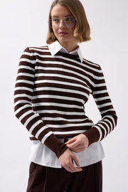 Crew Neck Striped White-Brown Blouse